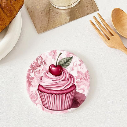 Drinking Coasters Set of 4,Pink Cupcake with Pink Cream Round Water Absorbent Ceramic Coaster with Holder,Cork Base Non-Slip,Décor for Various Cups Coffee Cup Beverage,4 inch