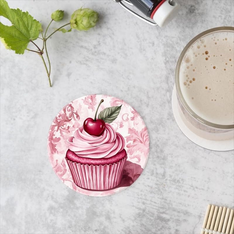 Drinking Coasters Set of 4,Pink Cupcake with Pink Cream Round Water Absorbent Ceramic Coaster with Holder,Cork Base Non-Slip,Décor for Various Cups Coffee Cup Beverage,4 inch