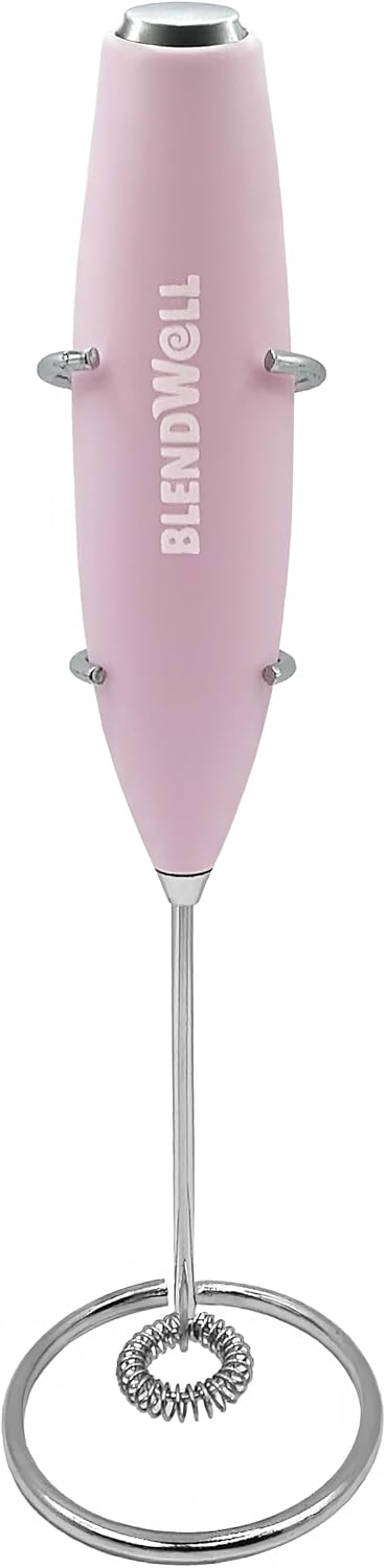 Electric Milk Frother for Matcha and Coffee, Handheld Battery Operated Drink Mixer with Stand, Stainless Steel Whisk, Rose Pink