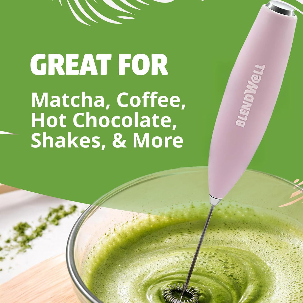 Electric Milk Frother for Matcha and Coffee, Handheld Battery Operated Drink Mixer with Stand, Stainless Steel Whisk, Rose Pink