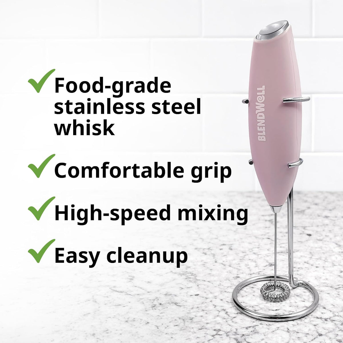 Electric Milk Frother for Matcha and Coffee, Handheld Battery Operated Drink Mixer with Stand, Stainless Steel Whisk, Rose Pink