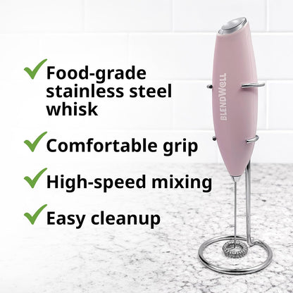 Electric Milk Frother for Matcha and Coffee, Handheld Battery Operated Drink Mixer with Stand, Stainless Steel Whisk, Rose Pink