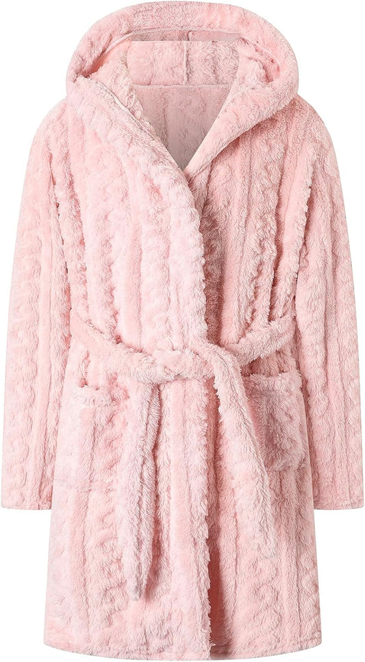Girls & Womens Twist Fleece Robes, Hooded Soft Warm Bath Robe for Kids Womens Fuzzy Bathrobe for Gifts