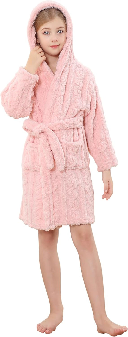 Girls & Womens Twist Fleece Robes, Hooded Soft Warm Bath Robe for Kids Womens Fuzzy Bathrobe for Gifts