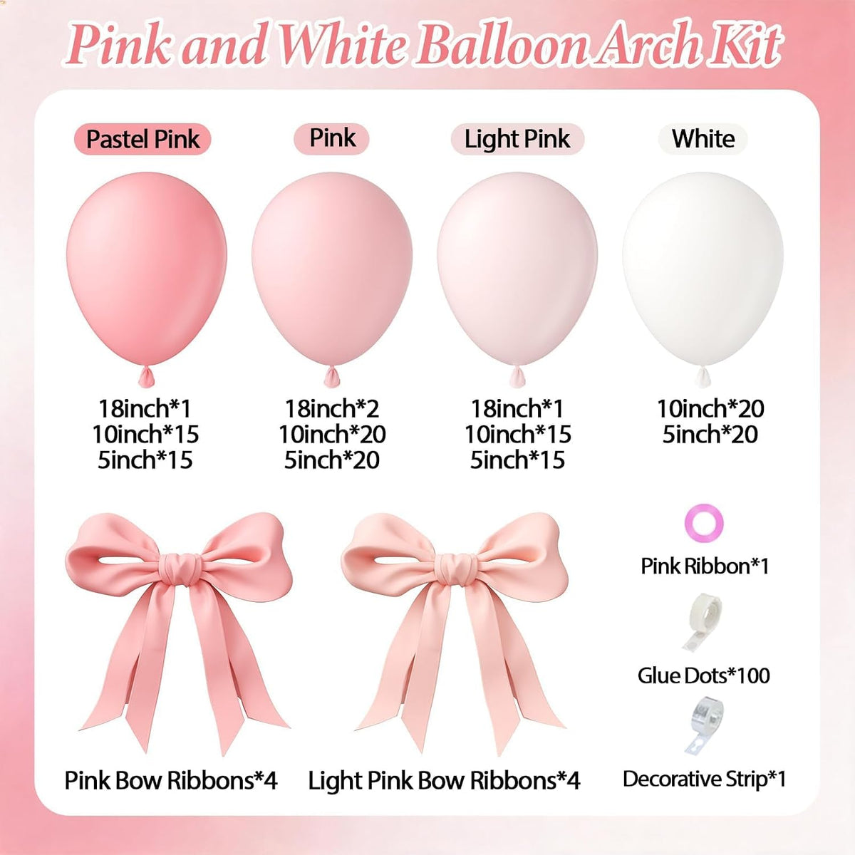 155pcs Pink and White Balloon Arch Kit with Light Pink and White Balloons