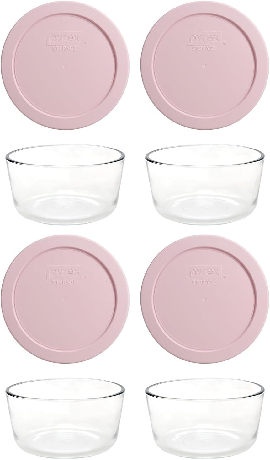 7200 2-Cup Glass Bowl & 7200-PC With Lid (4-Pack) - Made in USA (Light Pink)
