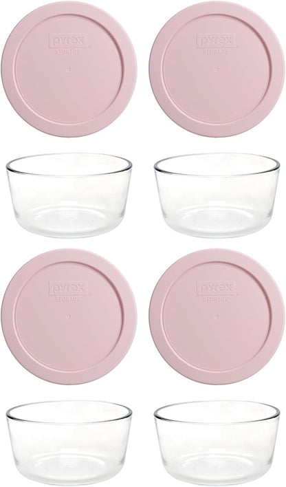 7200 2-Cup Glass Bowl & 7200-PC With Lid (4-Pack) - Made in USA (Light Pink)