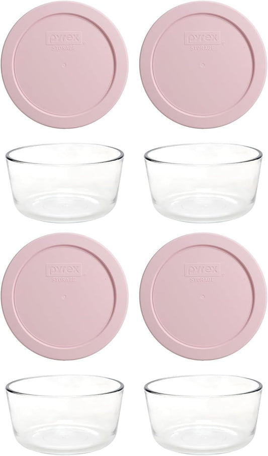 7200 2-Cup Glass Bowl & 7200-PC With Lid (4-Pack) - Made in USA (Light Pink)