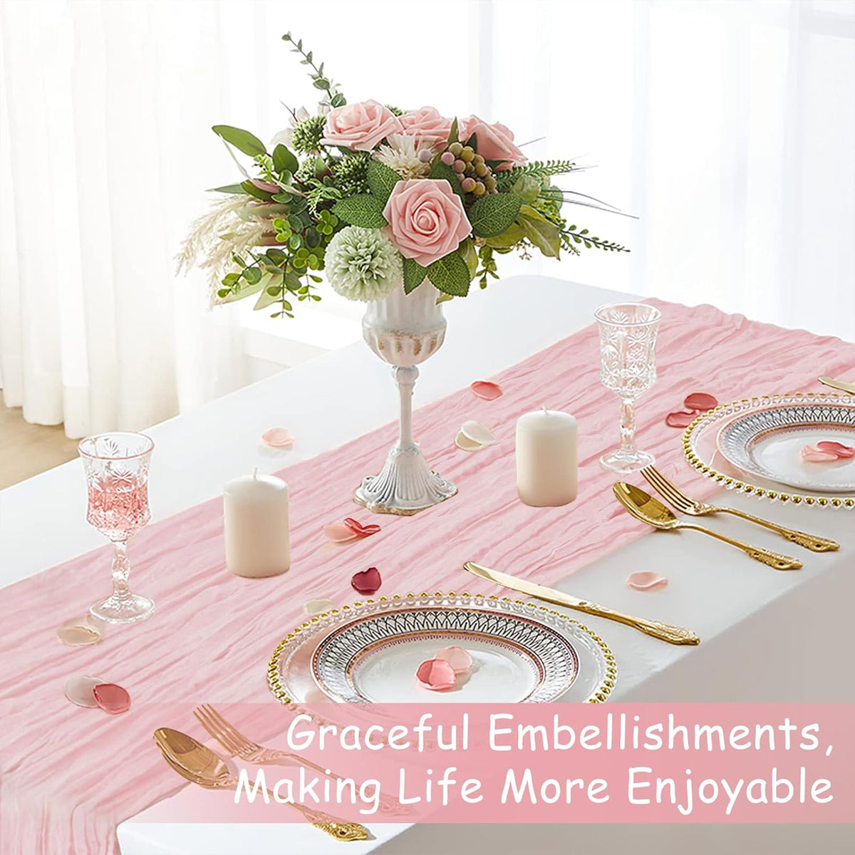 Pink Cheesecloth Table Runner, 10 Ft Summer Boho Rustic Gauze Table Runner