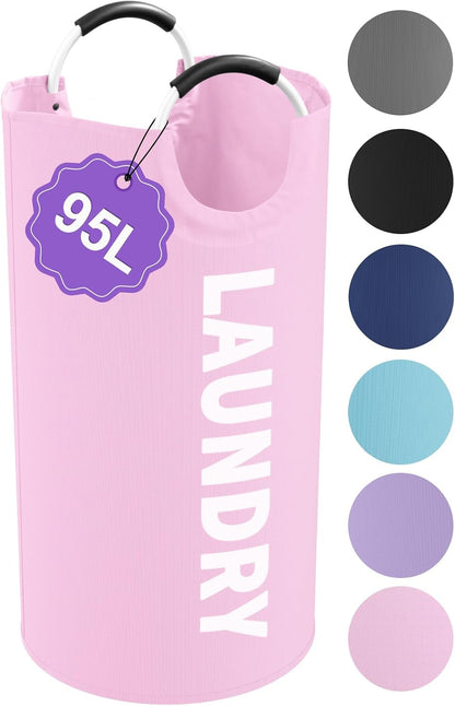 95L Large Laundry Basket with Handles, Foldable Clothes Hampers Stand Up Well, Waterproof Dirty Clothes Hamper, Rugged Laundry Basket for Flat, Dorm, Hotel, Pink