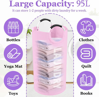 95L Large Laundry Basket with Handles, Foldable Clothes Hampers Stand Up Well, Waterproof Dirty Clothes Hamper, Rugged Laundry Basket for Flat, Dorm, Hotel, Pink