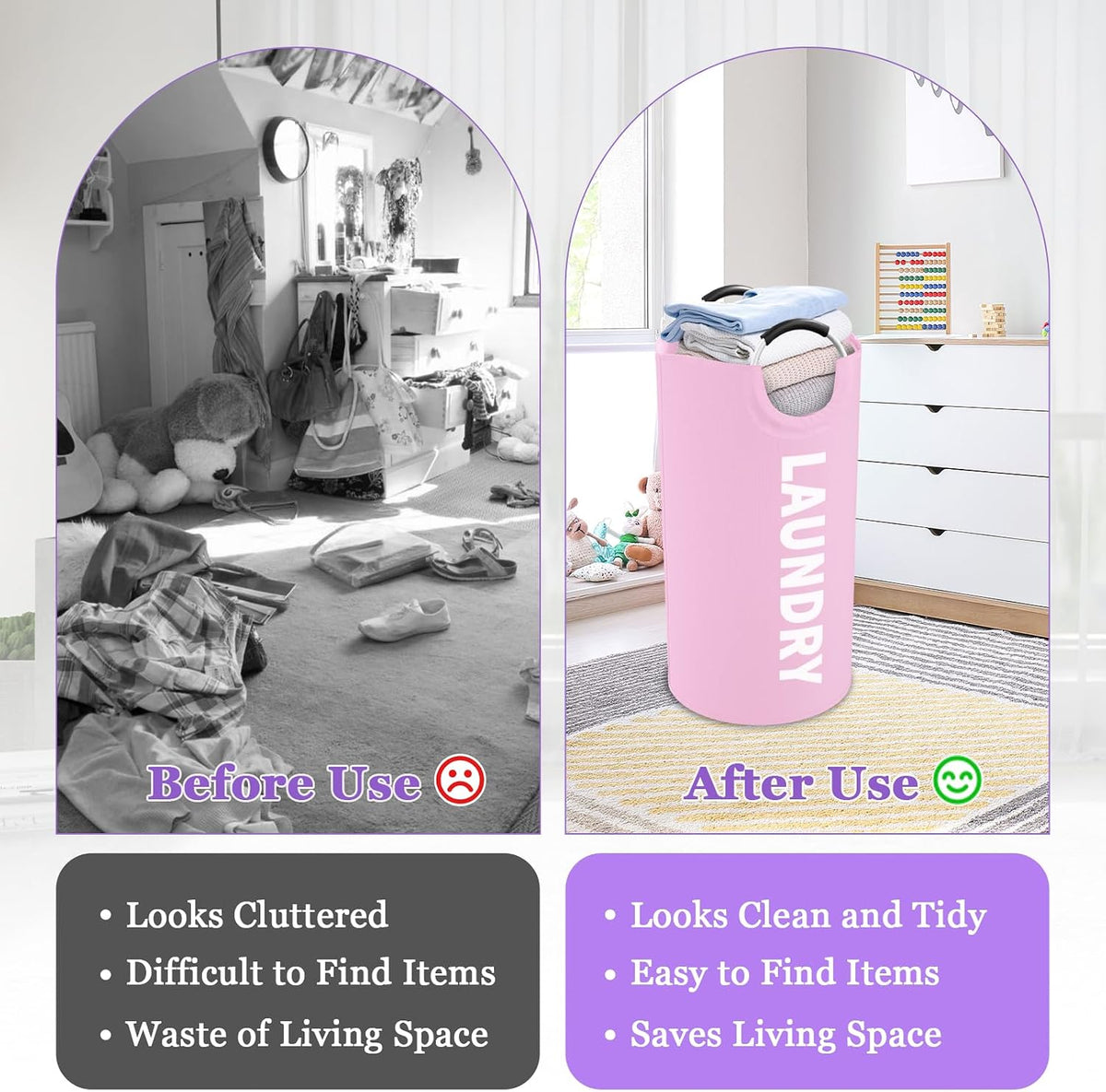 95L Large Laundry Basket with Handles, Foldable Clothes Hampers Stand Up Well, Waterproof Dirty Clothes Hamper, Rugged Laundry Basket for Flat, Dorm, Hotel, Pink