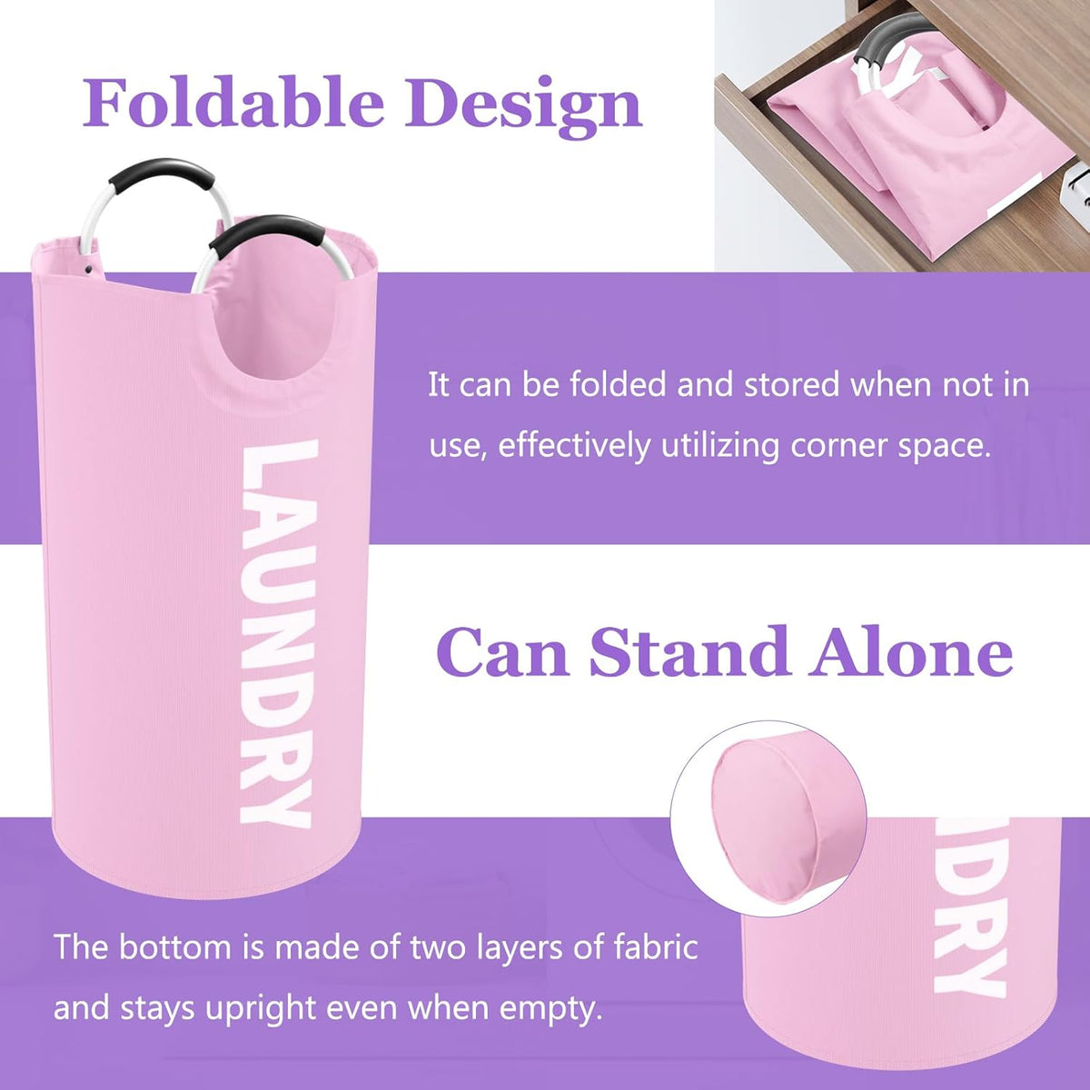 95L Large Laundry Basket with Handles, Foldable Clothes Hampers Stand Up Well, Waterproof Dirty Clothes Hamper, Rugged Laundry Basket for Flat, Dorm, Hotel, Pink