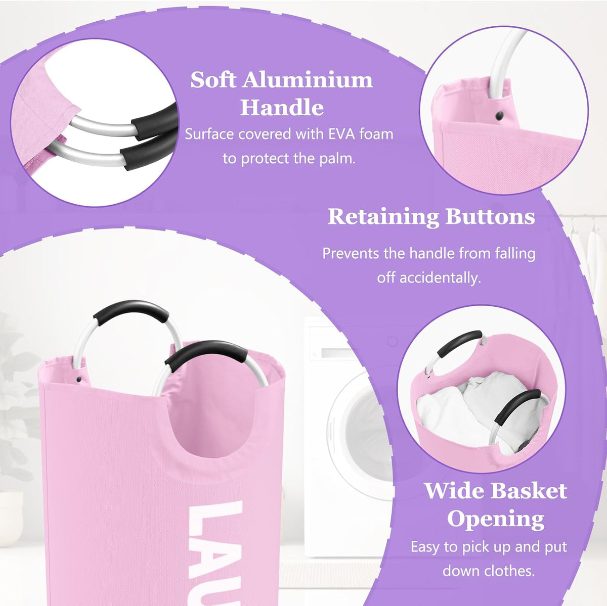 95L Large Laundry Basket with Handles, Foldable Clothes Hampers Stand Up Well, Waterproof Dirty Clothes Hamper, Rugged Laundry Basket for Flat, Dorm, Hotel, Pink