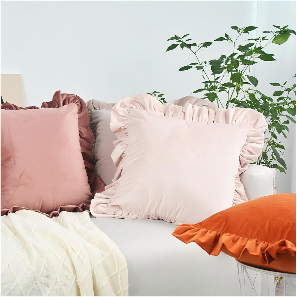 12x20 inches Throw Pillow Covers Set of 2, Soft Ruffle Velvet Decorative Pillow Covers Case Square Cushion Pillow Covers for Sofa Couch Bedroom Living Room Farmhouse Decor, Light Pink