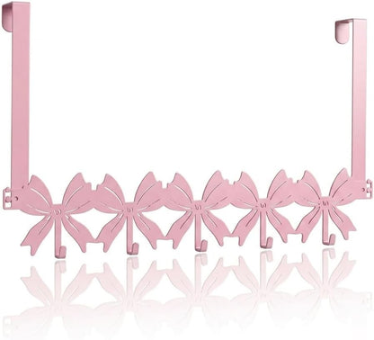 Pink Flat Bow Over The Door Hook Rack Metal 5 Hooks No Drill Coquette Girls