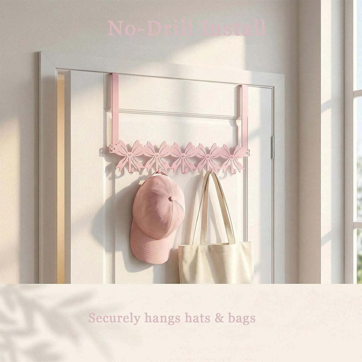 Pink Flat Bow Over The Door Hook Rack Metal 5 Hooks No Drill Coquette Girls