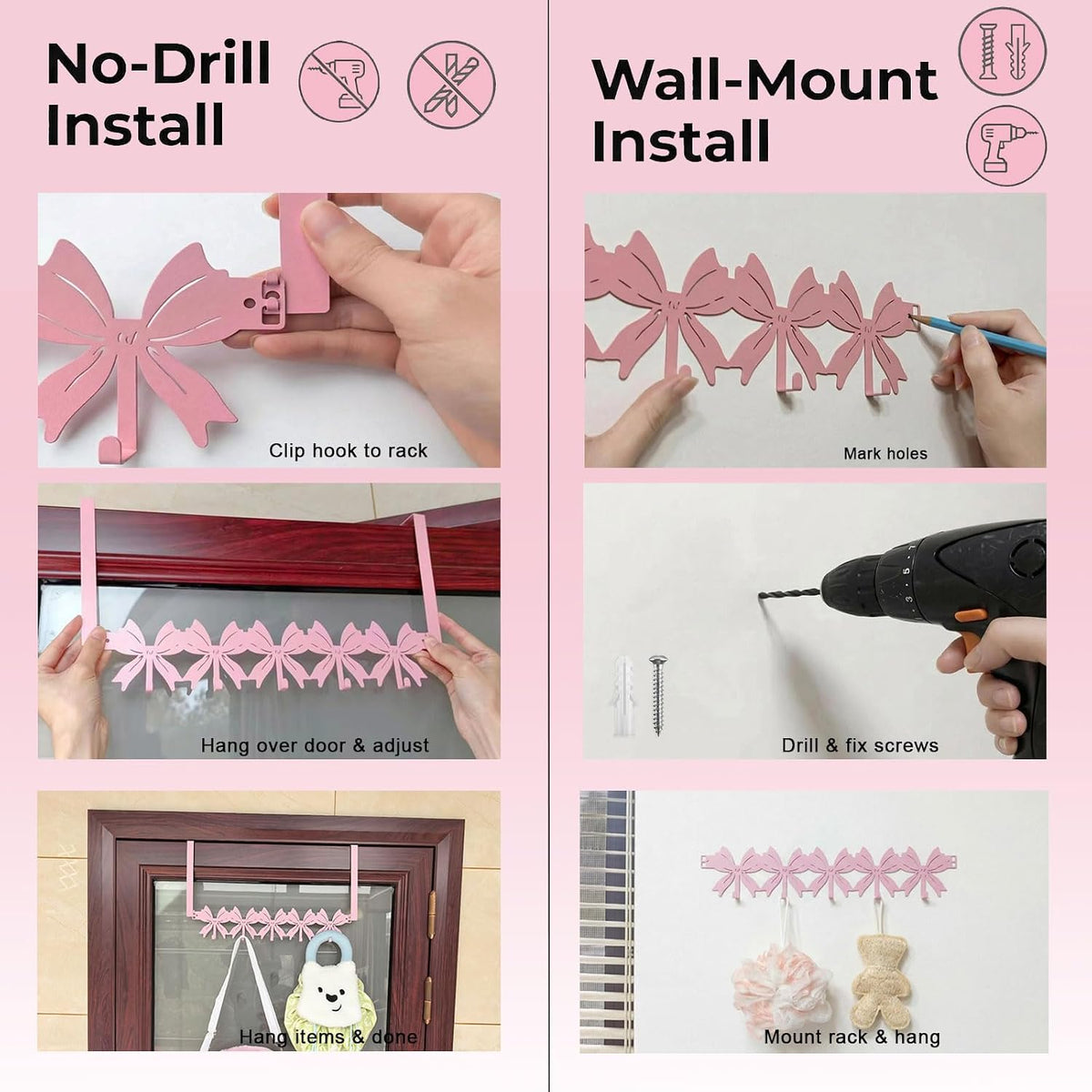 Pink Flat Bow Over The Door Hook Rack Metal 5 Hooks No Drill Coquette Girls