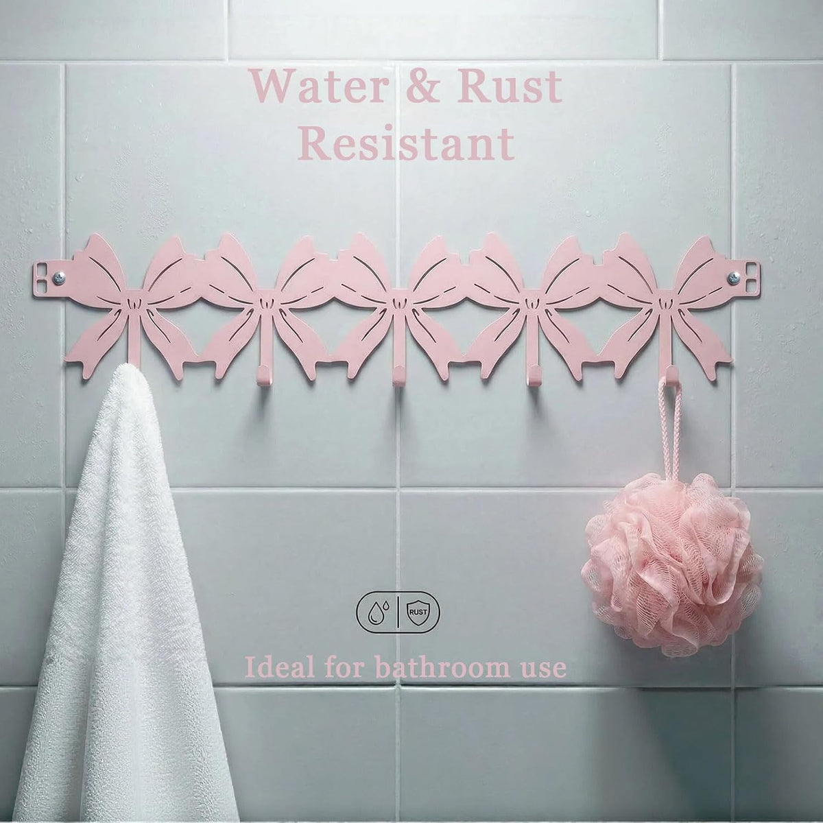 Pink Flat Bow Over The Door Hook Rack Metal 5 Hooks No Drill Coquette Girls