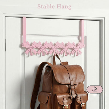 Pink Flat Bow Over The Door Hook Rack Metal 5 Hooks No Drill Coquette Girls