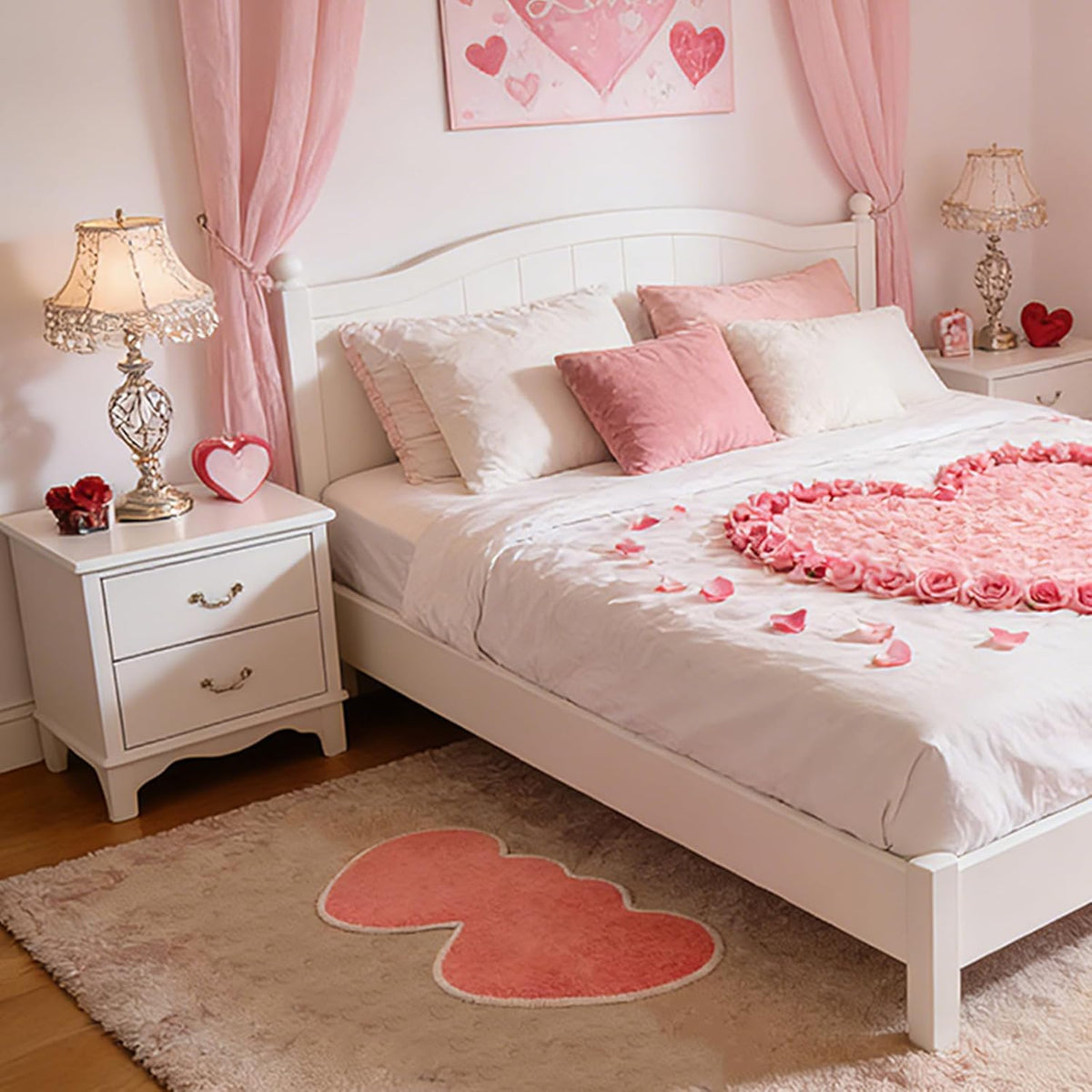 Valentine's Day Rug, Pink Heart Bath Mat, Non-Slip Floor Carpet
