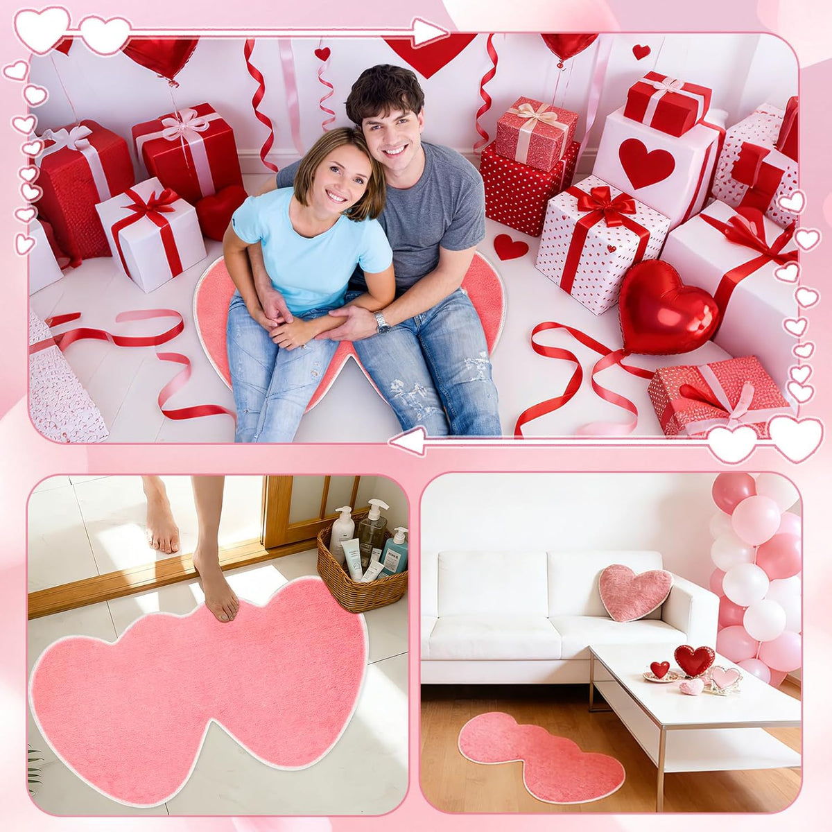 Valentine's Day Rug, Pink Heart Bath Mat, Non-Slip Floor Carpet
