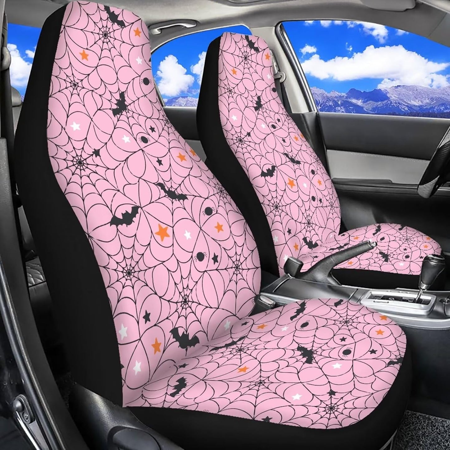 Light Pink Spider Web Bat Print Car Seat Covers Front Seats Only