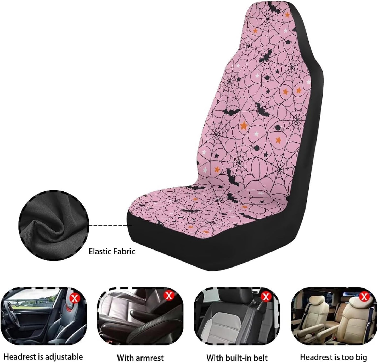 Light Pink Spider Web Bat Print Car Seat Covers Front Seats Only