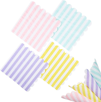 100 Pack Disposable Cocktail Napkins, 5 x 5 Inches, 2-Ply, Scalloped Edge, for Dinner Wedding Birthday Party Bridal Anniversary Reception Event (100, Streak Pink Green Yellow Blue)