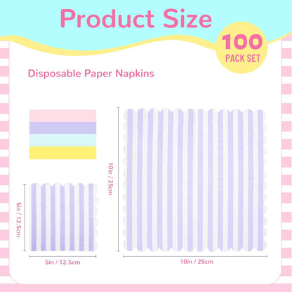 100 Pack Disposable Cocktail Napkins, 5 x 5 Inches, 2-Ply, Scalloped Edge, for Dinner Wedding Birthday Party Bridal Anniversary Reception Event (100, Streak Pink Green Yellow Blue)