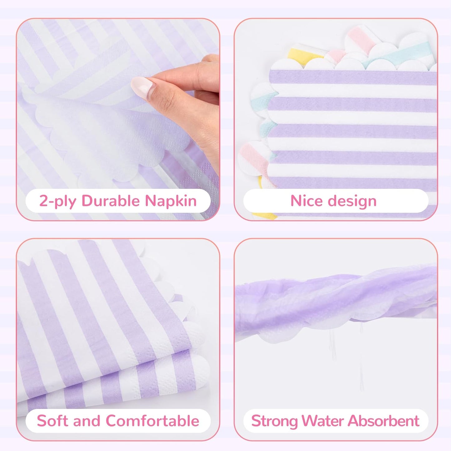 100 Pack Disposable Cocktail Napkins, 5 x 5 Inches, 2-Ply, Scalloped Edge, for Dinner Wedding Birthday Party Bridal Anniversary Reception Event (100, Streak Pink Green Yellow Blue)