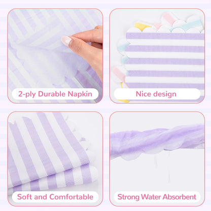 100 Pack Disposable Cocktail Napkins, 5 x 5 Inches, 2-Ply, Scalloped Edge, for Dinner Wedding Birthday Party Bridal Anniversary Reception Event (100, Streak Pink Green Yellow Blue)
