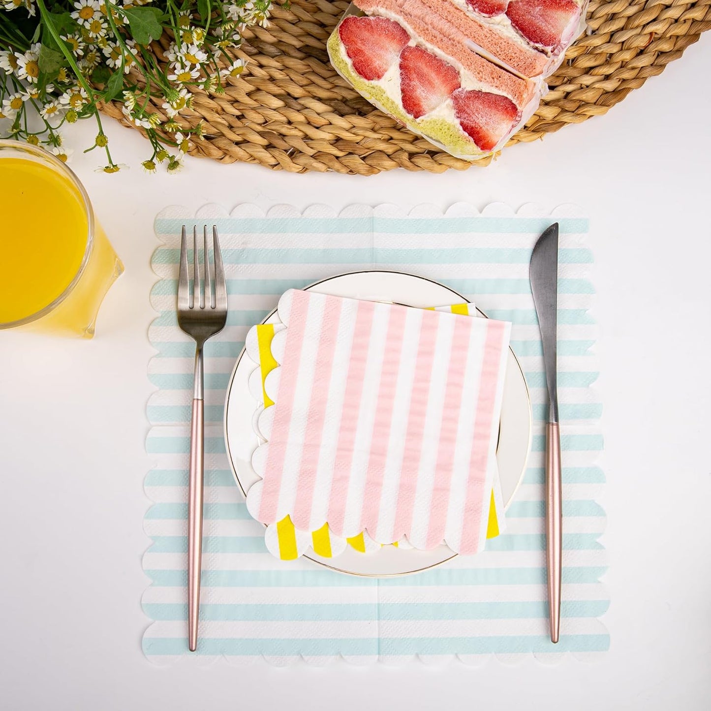 100 Pack Disposable Cocktail Napkins, 5 x 5 Inches, 2-Ply, Scalloped Edge, for Dinner Wedding Birthday Party Bridal Anniversary Reception Event (100, Streak Pink Green Yellow Blue)