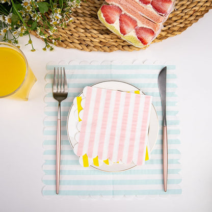 100 Pack Disposable Cocktail Napkins, 5 x 5 Inches, 2-Ply, Scalloped Edge, for Dinner Wedding Birthday Party Bridal Anniversary Reception Event (100, Streak Pink Green Yellow Blue)