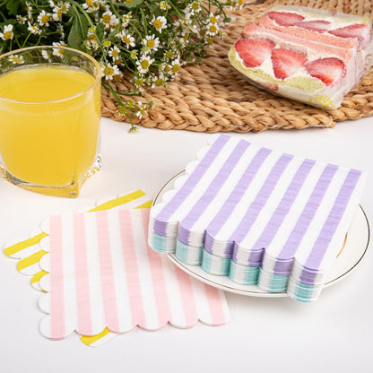 100 Pack Disposable Cocktail Napkins, 5 x 5 Inches, 2-Ply, Scalloped Edge, for Dinner Wedding Birthday Party Bridal Anniversary Reception Event (100, Streak Pink Green Yellow Blue)