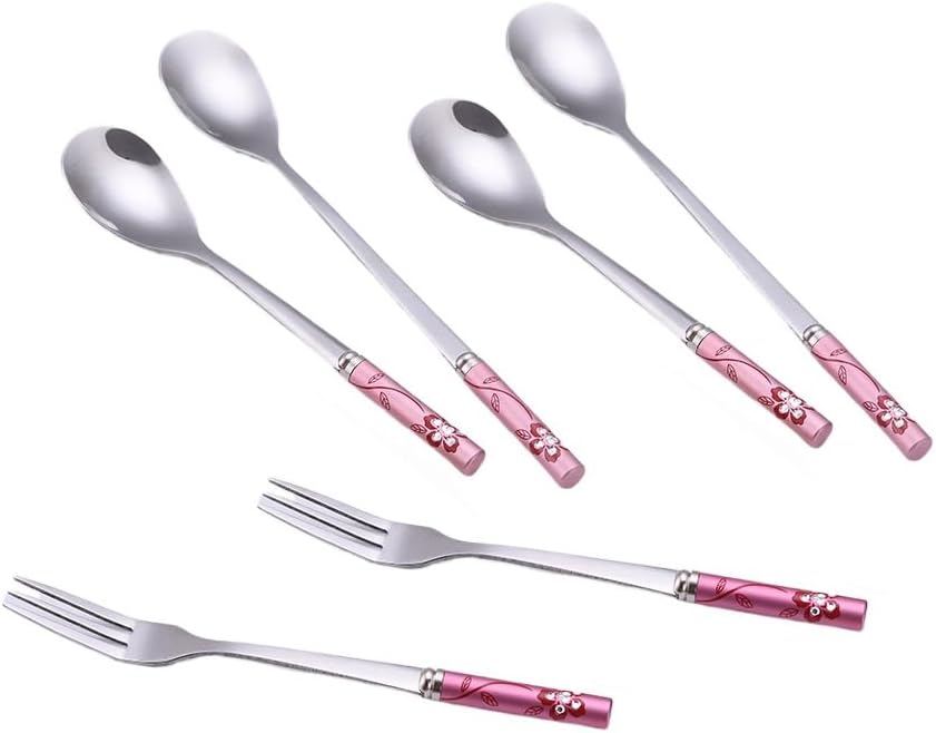 (6 Pieces) Exquisitely Printed Household Stainless Steel Cutlery Spoon Coffee Spoon Cake Ice Cream Dessert Spoon Fruit Fork Picnic Portable Spoon (Pink)