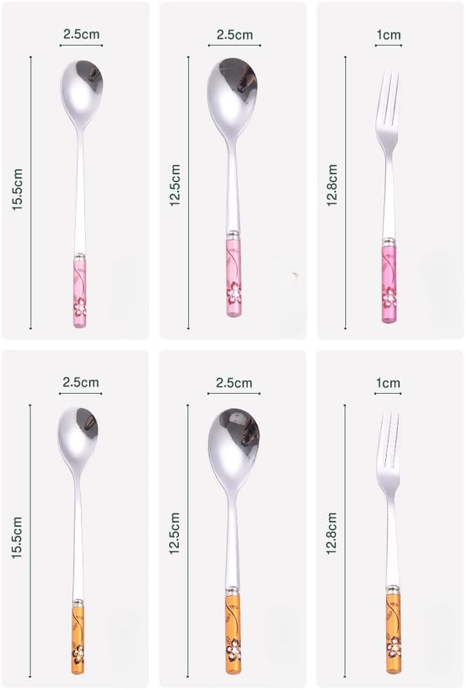 (6 Pieces) Exquisitely Printed Household Stainless Steel Cutlery Spoon Coffee Spoon Cake Ice Cream Dessert Spoon Fruit Fork Picnic Portable Spoon (Pink)
