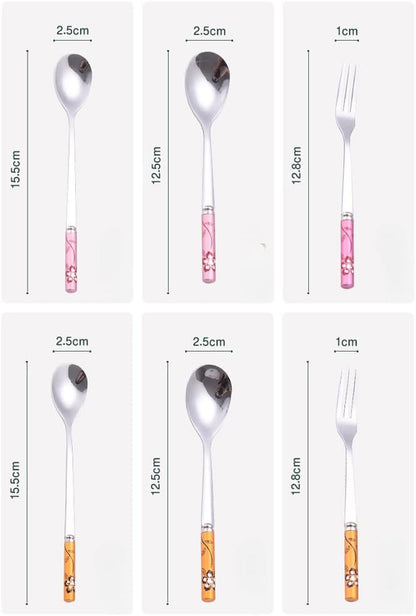 (6 Pieces) Exquisitely Printed Household Stainless Steel Cutlery Spoon Coffee Spoon Cake Ice Cream Dessert Spoon Fruit Fork Picnic Portable Spoon (Pink)