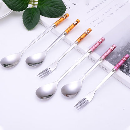 (6 Pieces) Exquisitely Printed Household Stainless Steel Cutlery Spoon Coffee Spoon Cake Ice Cream Dessert Spoon Fruit Fork Picnic Portable Spoon (Pink)
