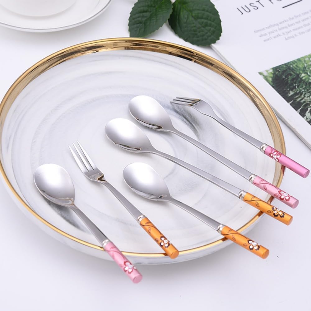 (6 Pieces) Exquisitely Printed Household Stainless Steel Cutlery Spoon Coffee Spoon Cake Ice Cream Dessert Spoon Fruit Fork Picnic Portable Spoon (Pink)