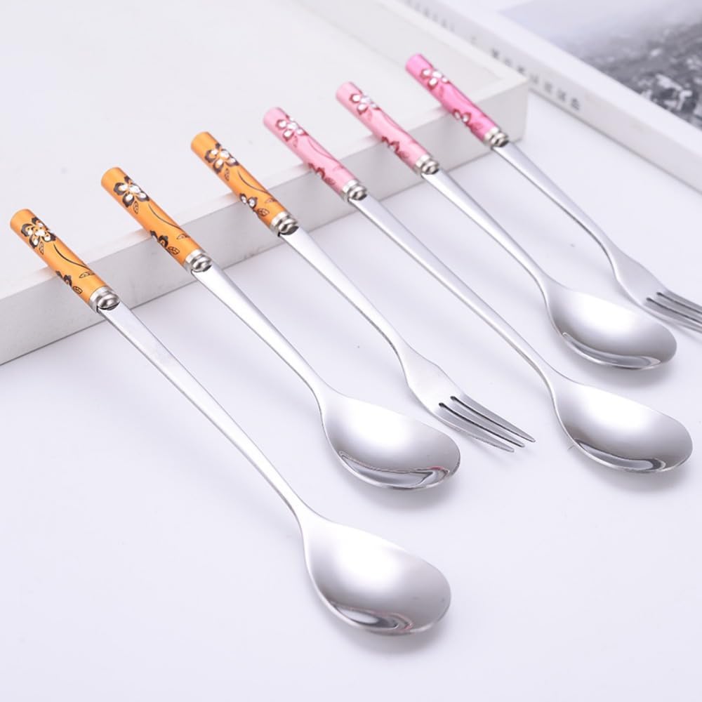 (6 Pieces) Exquisitely Printed Household Stainless Steel Cutlery Spoon Coffee Spoon Cake Ice Cream Dessert Spoon Fruit Fork Picnic Portable Spoon (Pink)