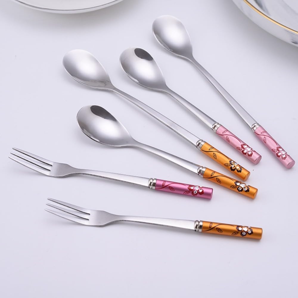 (6 Pieces) Exquisitely Printed Household Stainless Steel Cutlery Spoon Coffee Spoon Cake Ice Cream Dessert Spoon Fruit Fork Picnic Portable Spoon (Pink)