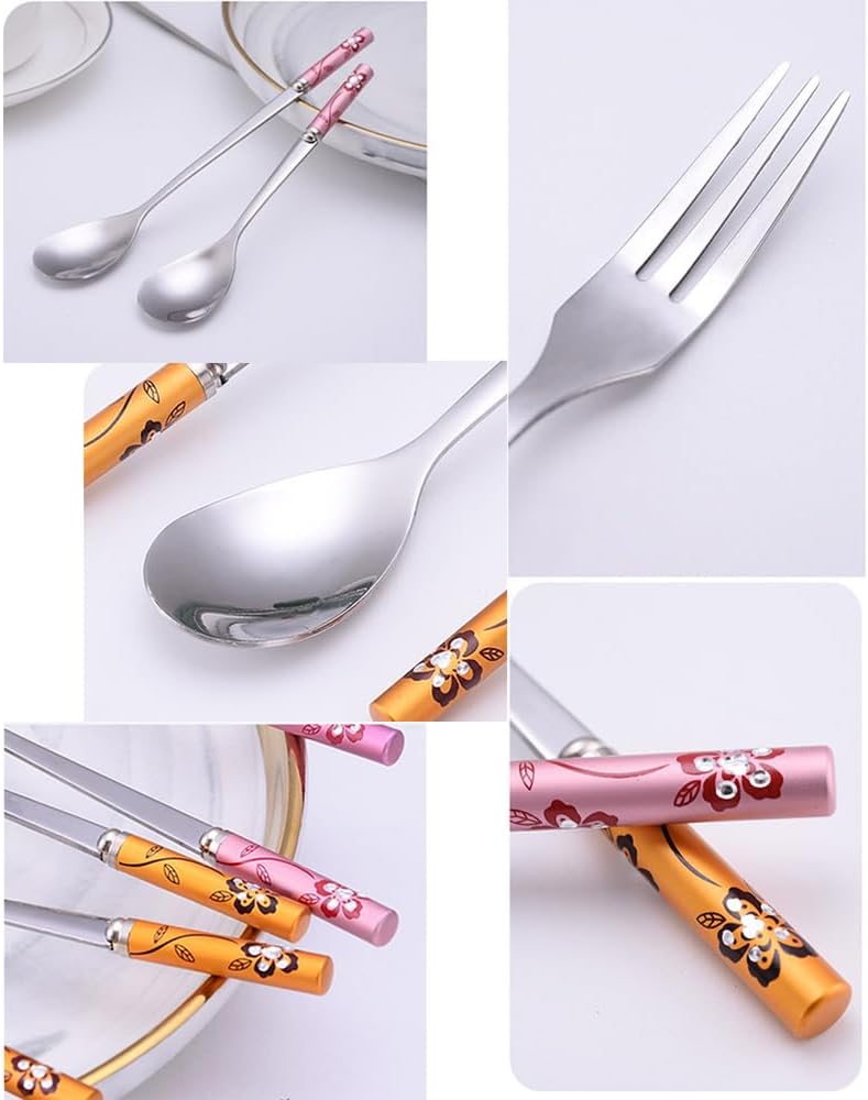 (6 Pieces) Exquisitely Printed Household Stainless Steel Cutlery Spoon Coffee Spoon Cake Ice Cream Dessert Spoon Fruit Fork Picnic Portable Spoon (Pink)
