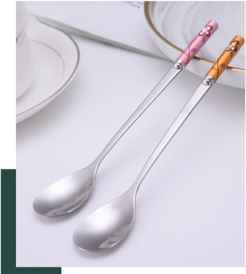 (6 Pieces) Exquisitely Printed Household Stainless Steel Cutlery Spoon Coffee Spoon Cake Ice Cream Dessert Spoon Fruit Fork Picnic Portable Spoon (Pink)