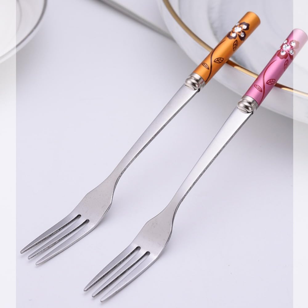 (6 Pieces) Exquisitely Printed Household Stainless Steel Cutlery Spoon Coffee Spoon Cake Ice Cream Dessert Spoon Fruit Fork Picnic Portable Spoon (Pink)