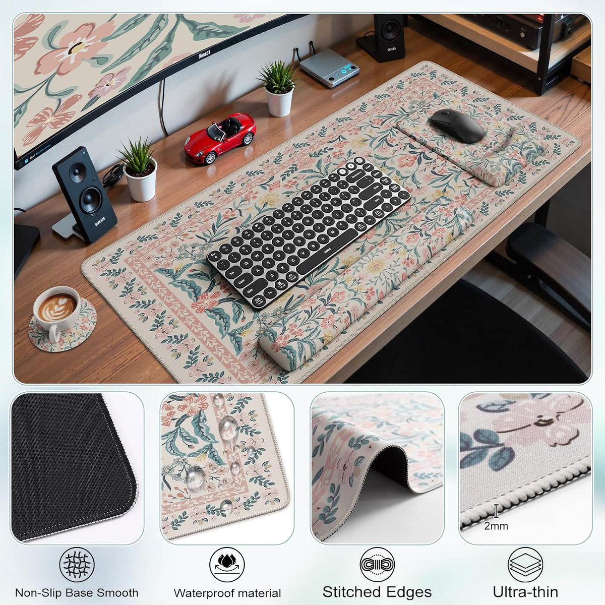 Mouse Pad with Wrist Rest, Ergonomic Large Desk Mat Set, Pink