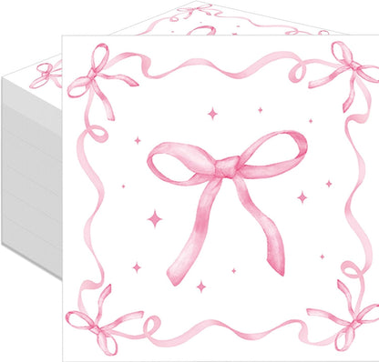 50 Pack Pink Ribbon Bow Paper Napkins, Disposable Coquette-Inspired Bow Cocktail Napkins for Girls Birthday, Sweetie-Soirées, Baby Shower, Bridal Shower, Bachelorette, and Tea Party Decorations