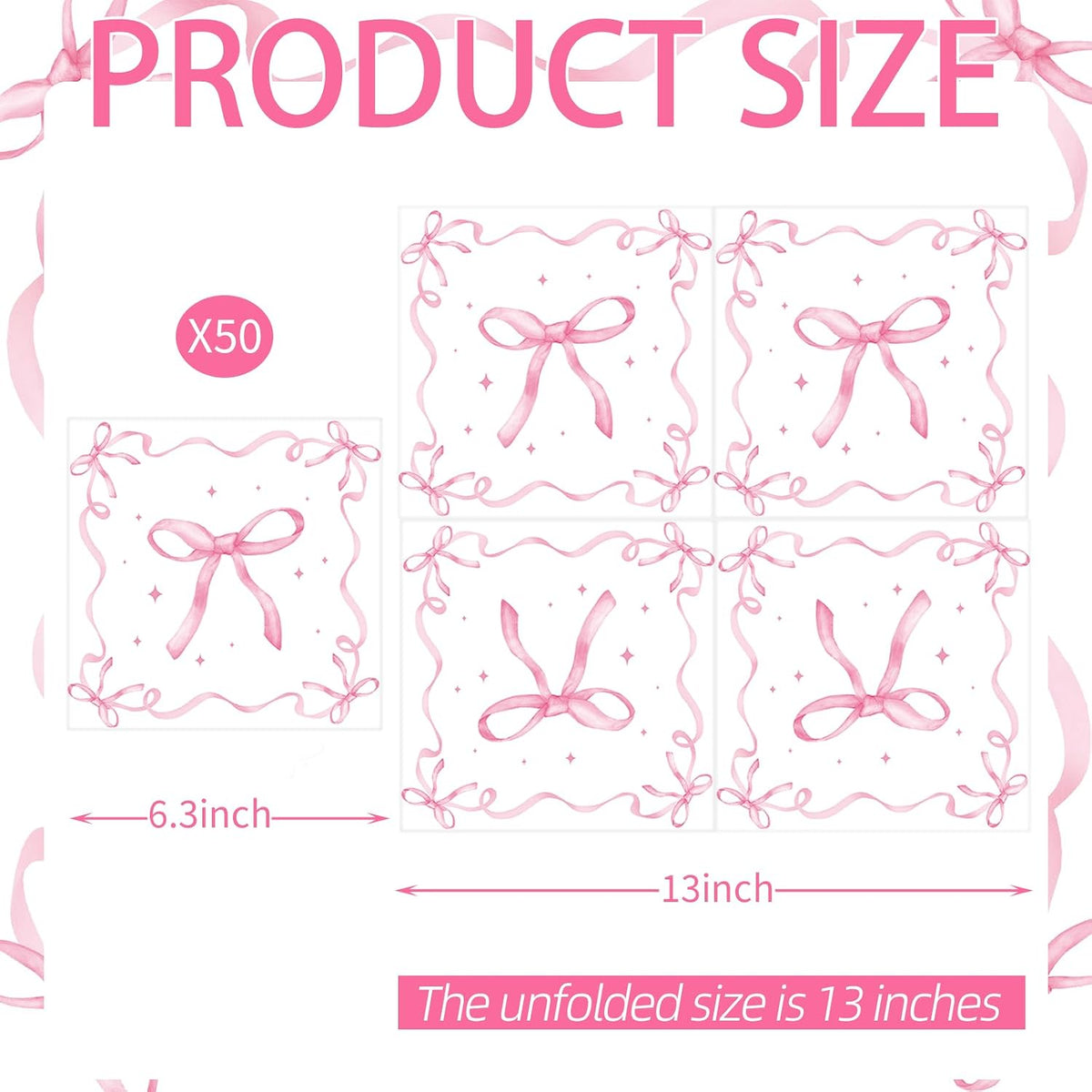 50 Pack Pink Ribbon Bow Paper Napkins, Disposable Coquette-Inspired Bow Cocktail Napkins for Girls Birthday, Sweetie-Soirées, Baby Shower, Bridal Shower, Bachelorette, and Tea Party Decorations