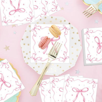50 Pack Pink Ribbon Bow Paper Napkins, Disposable Coquette-Inspired Bow Cocktail Napkins for Girls Birthday, Sweetie-Soirées, Baby Shower, Bridal Shower, Bachelorette, and Tea Party Decorations