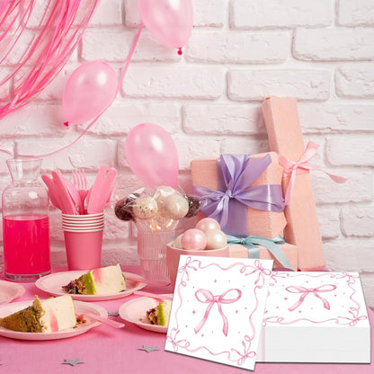 50 Pack Pink Ribbon Bow Paper Napkins, Disposable Coquette-Inspired Bow Cocktail Napkins for Girls Birthday, Sweetie-Soirées, Baby Shower, Bridal Shower, Bachelorette, and Tea Party Decorations